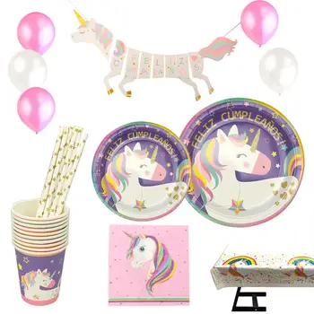 

Unicorn and Tableware Decorations Pink and Purple Unicorn Happy Birthday for Girls