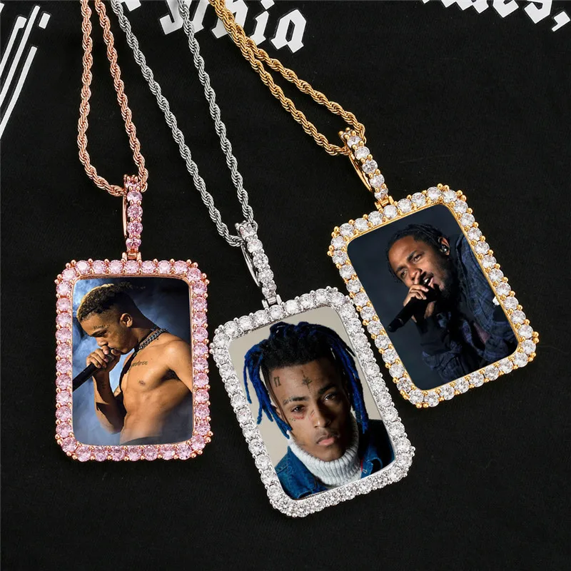 

New Custom Photo Memory Collection Square Frame with Zircon Solid Pendant Hip Hop Necklace