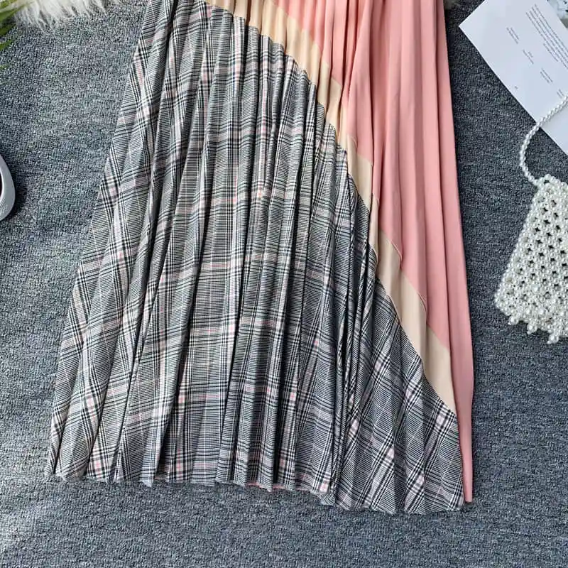 autumn Plaid High Waist Vintage Long Skirt Autumn Winter Bottoms Long Skirts A-line Patchwork Panelled Pleated Skirts