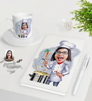 

Personalized Women 'S Chef Caricature Of White Notebook Pen Turkish Coffee Cup Seti-1