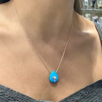

New Drop Turquoise Turquoise Stone Palm Silver Necklace