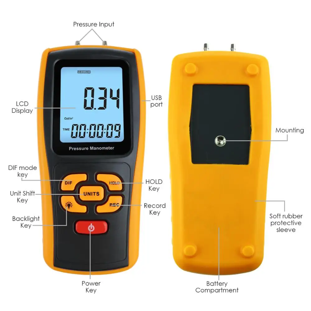 Digital Manometer Differential Air Pressure Meter LCD HVAC Gas Pressure Tester