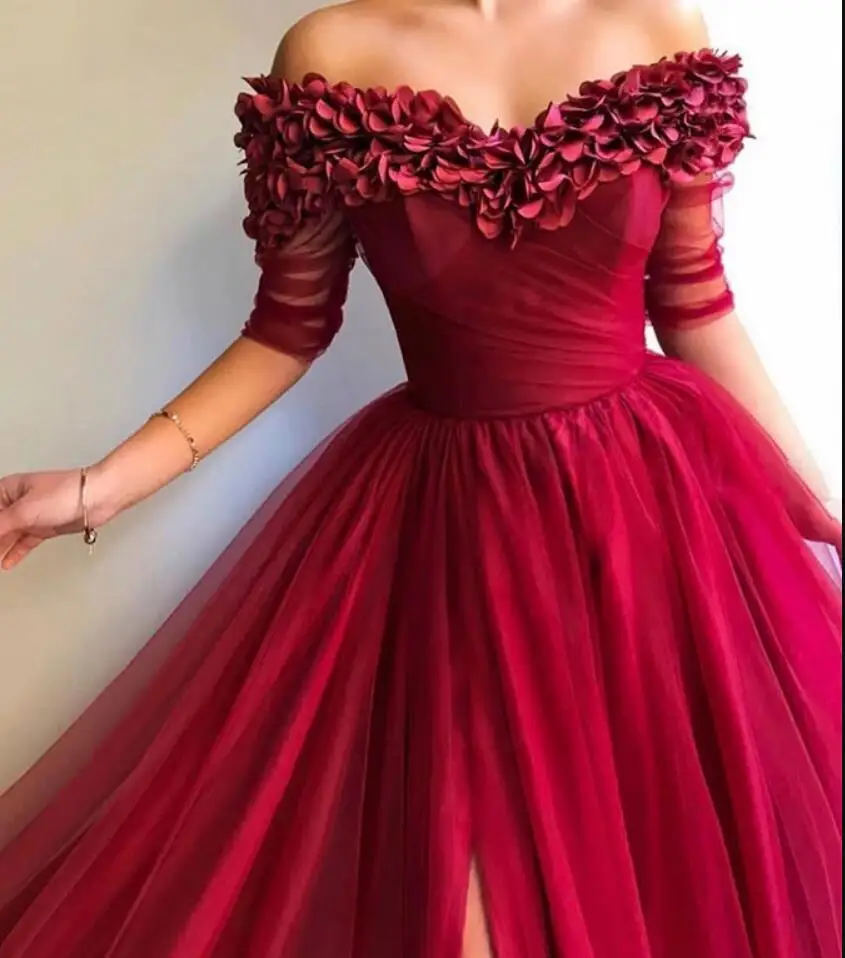 

2019 New Listing Burgundy Sweetheart Meck Tulle Long Evening Dresses Tulle Evening Dress Formal Party Gowns