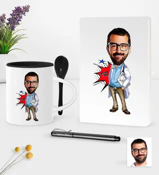 

Personalized Mr Doctor Caricature Of White Notebook Pen Spoon Mug set-3