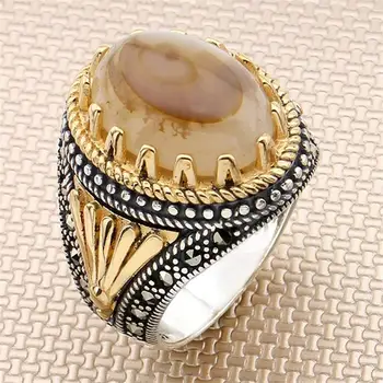 

925 Sterling Silver Ring With Stone For Men Yemen Agate Gemstone - Men's Rings Real Pure Silver - Handmade - Turkish Jewelry