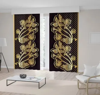 

Curtain Golden Lace with Flower Branches Leaves Pattern Ornate on Dark Background Antique Floral Artwork Printed