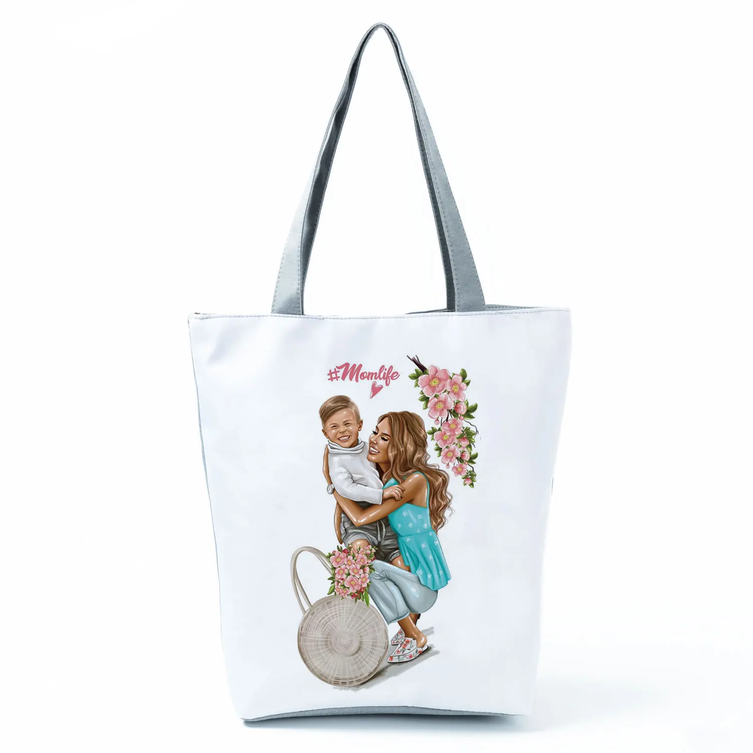 Cute Cartoon Super Mama Print Linen Tote Bag Reusable Shoulder Bags Mom And Baby Fold Women Casual Handbags Lady Fabric Totes