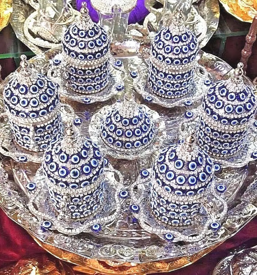 Set of 6 Authentic Evileye Turkish Coffee Cups and Saucers Lids with Arabic Handmade Home Decor Espresso set | Дом и сад