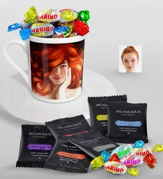 

Personalized Women 'S Abstract Caricature Of Turkish Coffee Cup Selamlique Mixed Turkish Coffee house And Haribo Candy Gift Seti-8