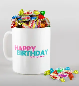 

Personalized Happy Birthday Design Mug and Haribo Fruitbons Candy Gift Seti-1