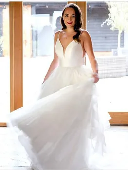

White Simple Wedding Dresses 2020 Beach Tiered Plus Size Bride Dresses Wedding Party Bride Gowns Arabic Vestidos De Novia Tulle