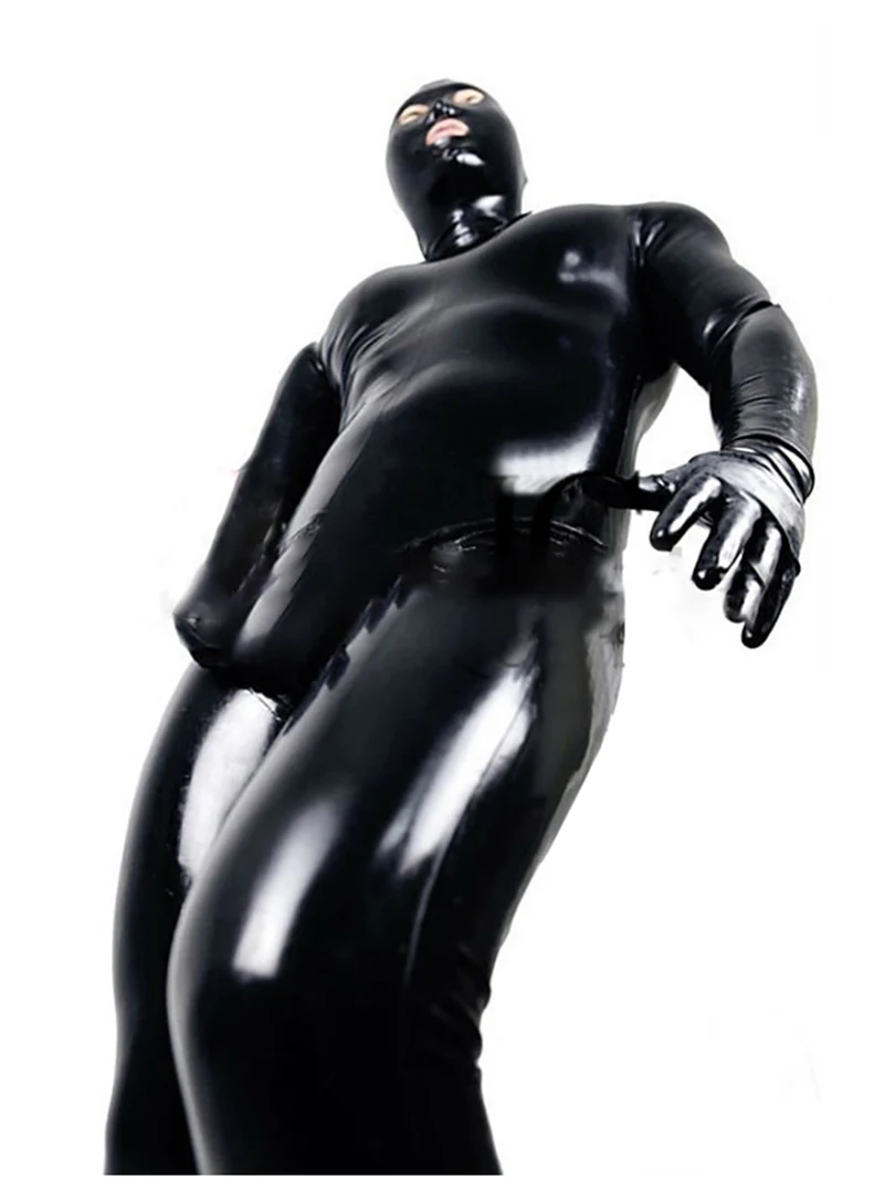 LinMe Unisex Footed Unitard Faux Leather PVC Shiny Clubwear Hook Mask Catsuit Full Coverage Wetlook Plus Size Halloween Costumes