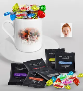 

Personalized Women 'S Abstract Watercolor Design Turkish coffee Cup Selamlique Mixed Turkish Coffee House and Haribo Candy Gift Set