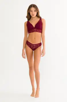 

Bordo Renk Desteksiz Bralet Dantelli Sütyen Külot Takım