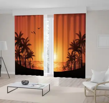 

Palm Trees and Seagulls Silhouette Romantic Sunset Peaceful Ocean Orange Black Photo Printed Curtain