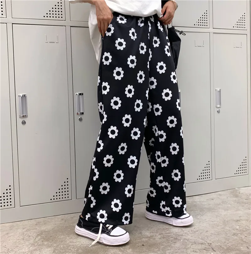 New Summer Daisy Flower Print Pants Korean Version Harajuku Style Loose Pants Full Length Pants Streetwear Wide Leg Pants