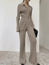 Suéter de Color sólido trajes de las mujeres conjuntos de gran tamaño pantalones de lana pantalones de rollo Collar de punto Top con mangas acampanadas 2021 Primavera Verano