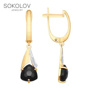 

Drop Earrings with stones SOKOLOV gold with black agate and rhinestone beads fashion jewelry 585 women's male, long earrings
