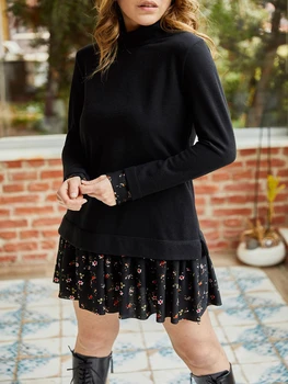 

BEYON WOMEN BLACK SKIRT AND SLEEVE PATTERNED DRESS MINI ABOVE KNEE UPPER CHIC COMFORTABLE SPORT 2020 FASHION WINTER FALL COTTON