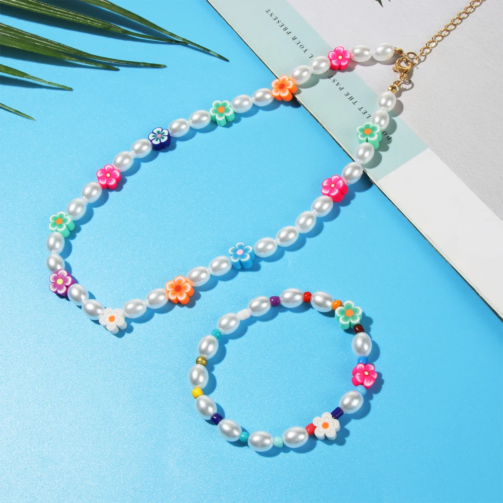 2021 New Fashion Bohemian Bead Pearl Flower Choker Necklace Bracelet