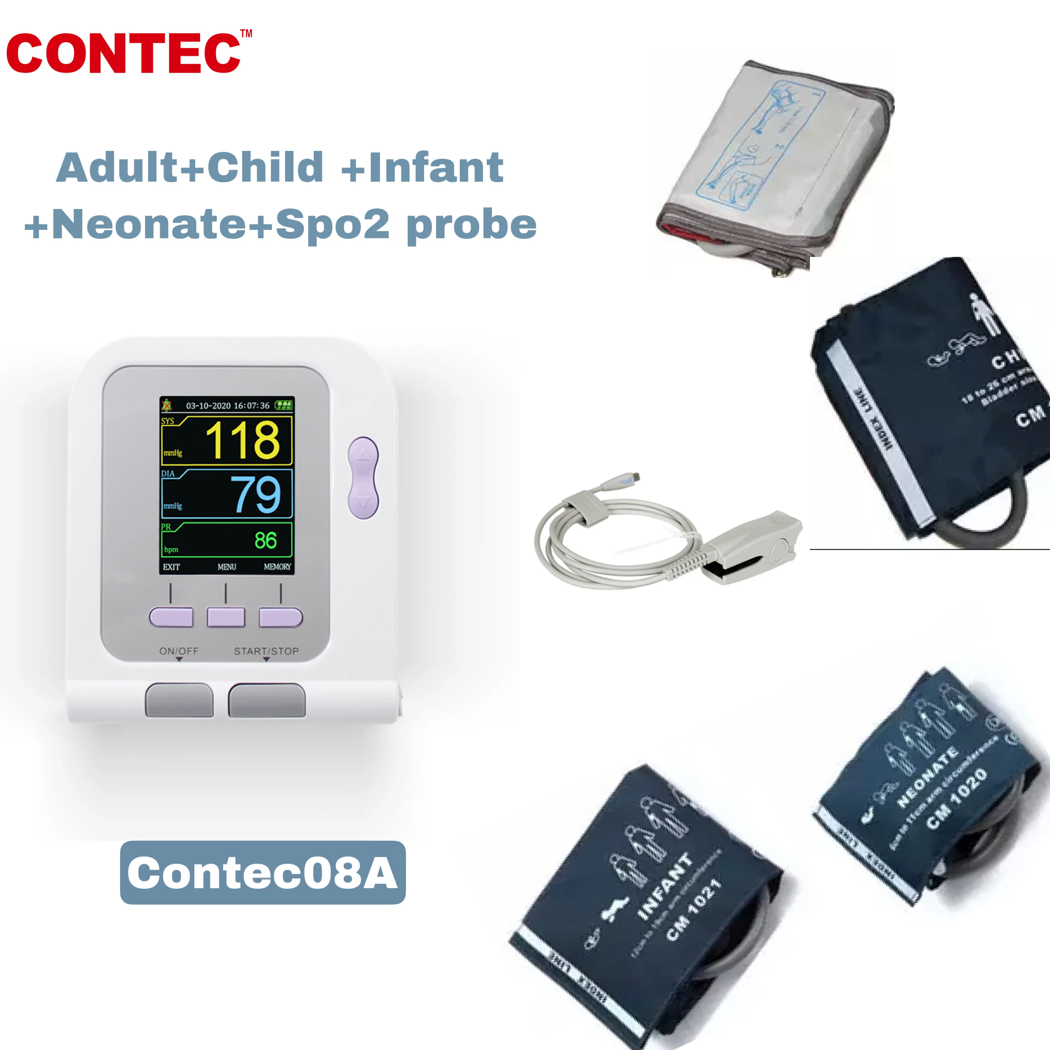 Contec CE Digital Blood Pressure Monitor Contec08A+ Adult SPO2 Sensor 4 CuffS &software(Download Online)