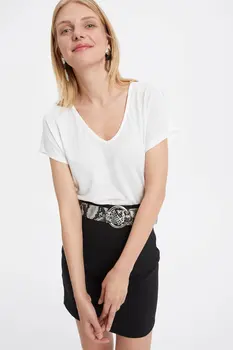 

DeFacto Woman Summer White Orange Color Top Tees Women Casual V-neck Short Sleeve T-Shirt Women Cotton Tops-L4110AZ19SM