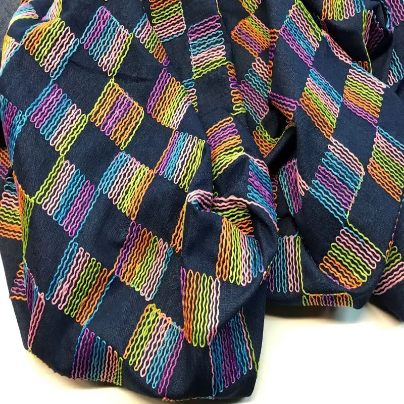 Tessuto Per Metri, Tessuti Denim, Tessuto Denim Ricamato Quadrato Multicolore, Tessuti Per Abiti, Tessuto Pertex