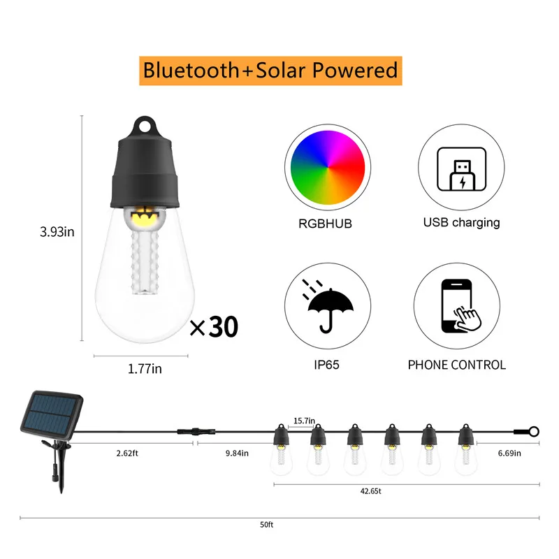 Bluetooth LED String Light Outdoor Solar Street Garland RGB S14 Fairy Light 15 30 Bulb LED Garden Light Patio Tree Wedding Decor star fairy lights String Lights