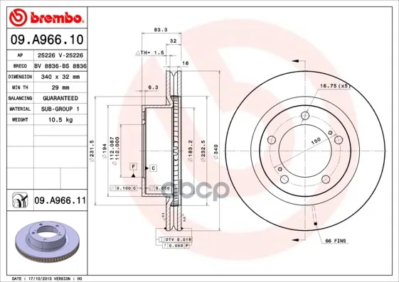 Диск Тормозной Передний Toyota Land Cruiser 200 08- / Lexus Lx570 Brembo арт. 09.A966.11