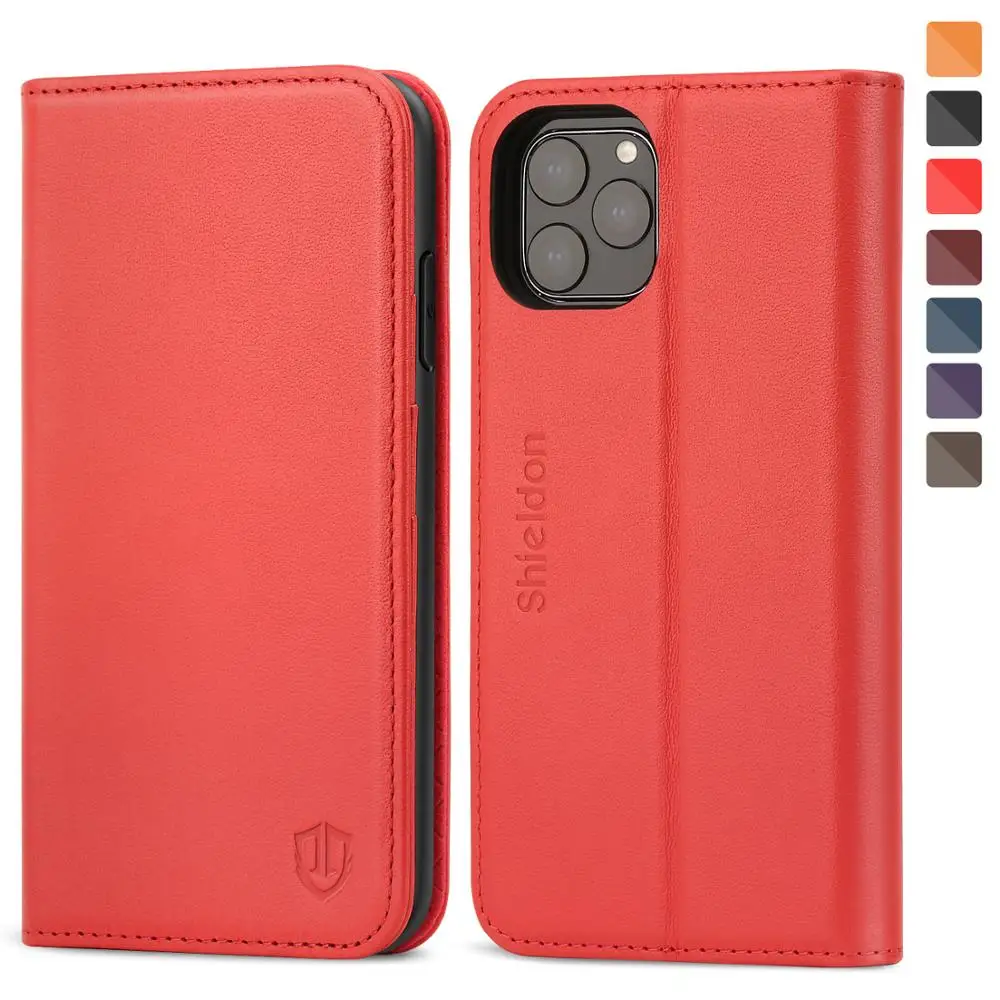 SHIELDON Чехол-бумажник для iPhone 11 Pro Max 6," Натуральная кожаные с отделениями для карт с подставкой и магнитной застежкой Чехол - Цвет: Red