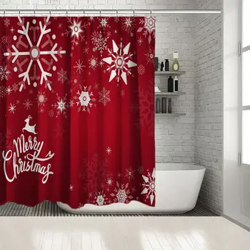 

Snowflakes Stars Flying Reindeer Merry Chrismas Theme Decorating Artwork Printed Red White Shower Curtain