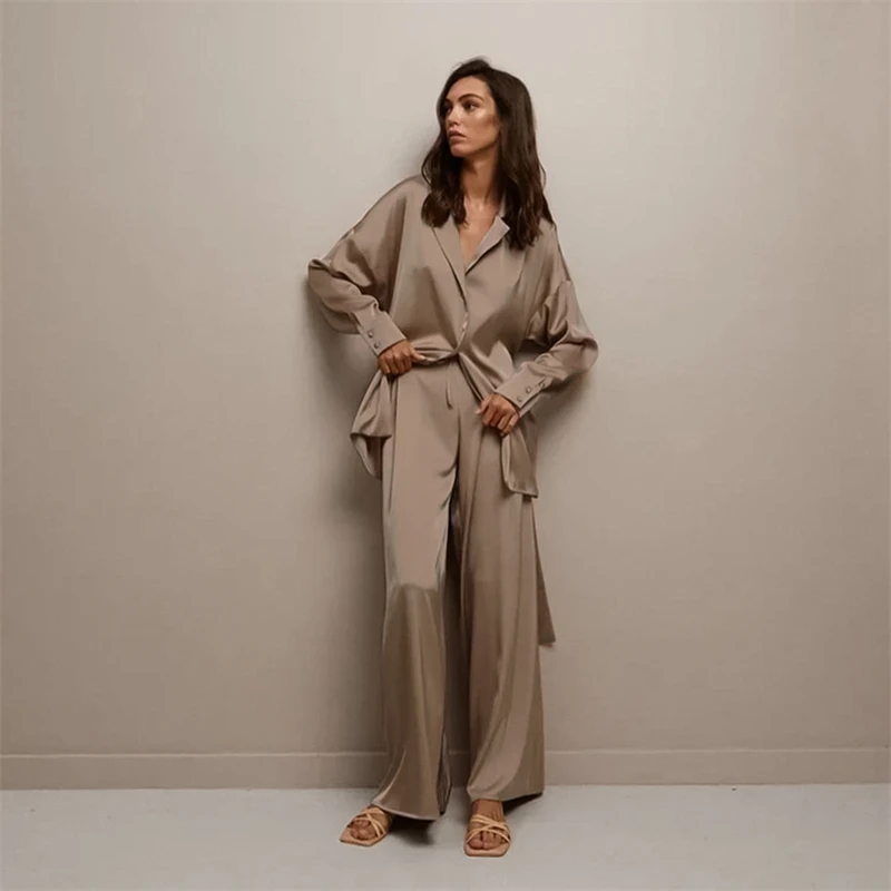 yellow pant suit Spring Summer Women Satin Home Wear Pants Suit Lace Up Loose Top & Wide Leg Pants 2 Piece Set Casual Solid Ladies Trousers Set white pant set Suits & Blazers