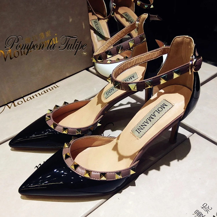 

MNK 930028 Rivet Patent Leather Pointed Toe Elegant Sheepskin Pumps 6-8CM Chic Stilettos Fancy Party Wedding Women Shoes
