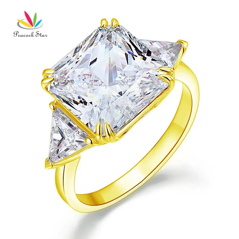 

Peacock Star Solid 925 Sterling Silver Yellow Gold Color Three-Stone Luxury Ring Anniversary 8 Carat Created Diamante CFR8328