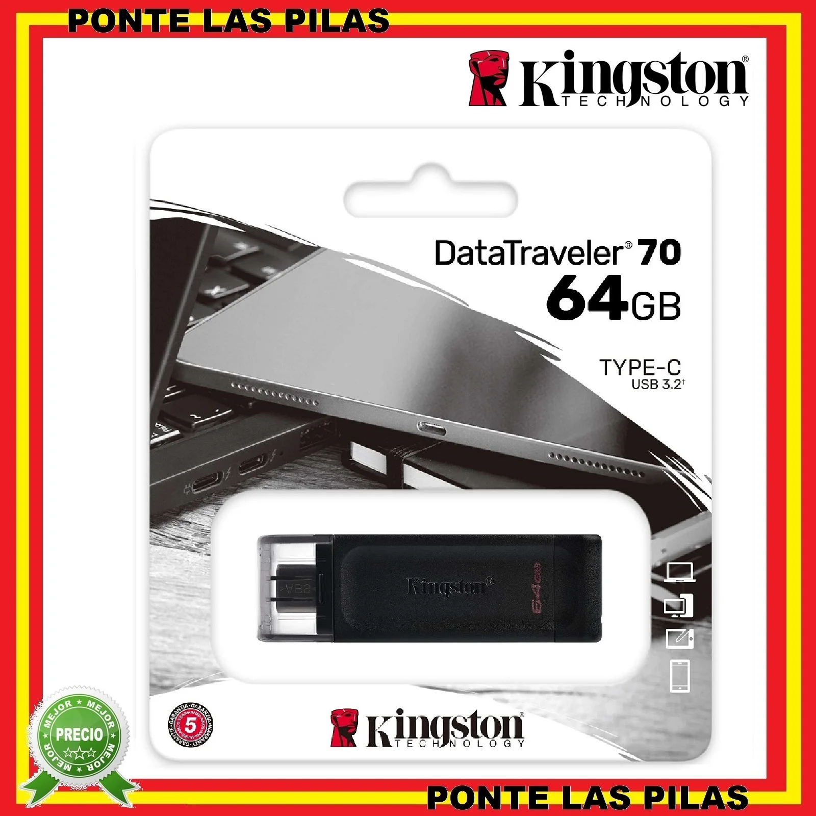 Kingston Pendrive 64Gb Usb-C Datatraveler Dt70-Memoria Flash Drive Originale Memoria Nera Mobile Tablet Pc Laptop