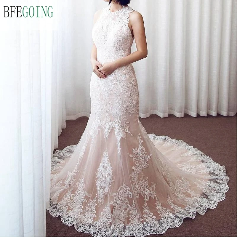 

Ivory Lace Champagne Satin Sleeveless Floor-Length Mermaid/Trumpet Wedding dress Chapel Train Custom made