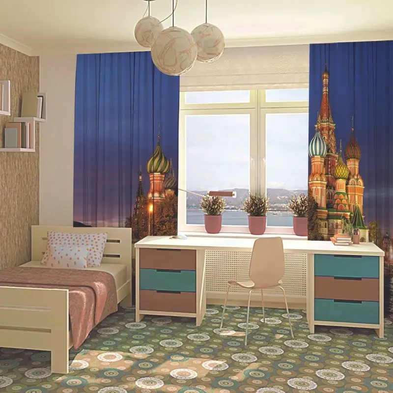 Red Square and Saint Basil's Cathedral in Moscow, Russia Sunrise at Historic City Landmark Blue Green Curtain