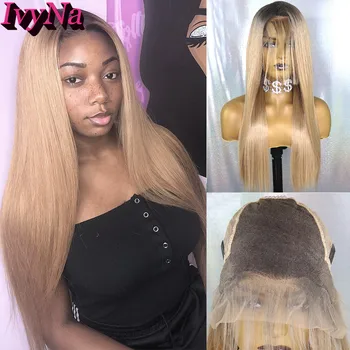 

IvyNa Honey Blonde Ombre 13x6 Lace Front Wigs Synthetic Hair Heat Resistant Dark Roots Long Straight Synthetic Lace Front Wigs