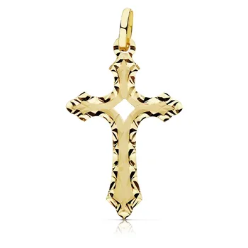 

Pendant 18k gold cross 27mm. Carved edging center openwork forms unisex