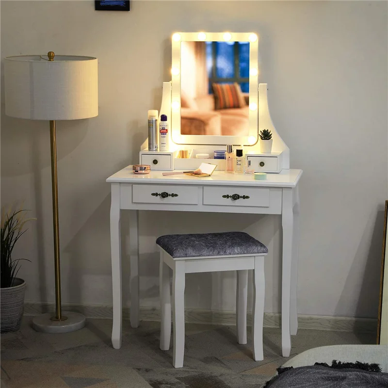 

10 Light Bulbs Makeup Vanity Set 4 Drawers Vanity Table with 1 Removable Storage Box Dressing Table W/ Mirror & Cushioned Stool