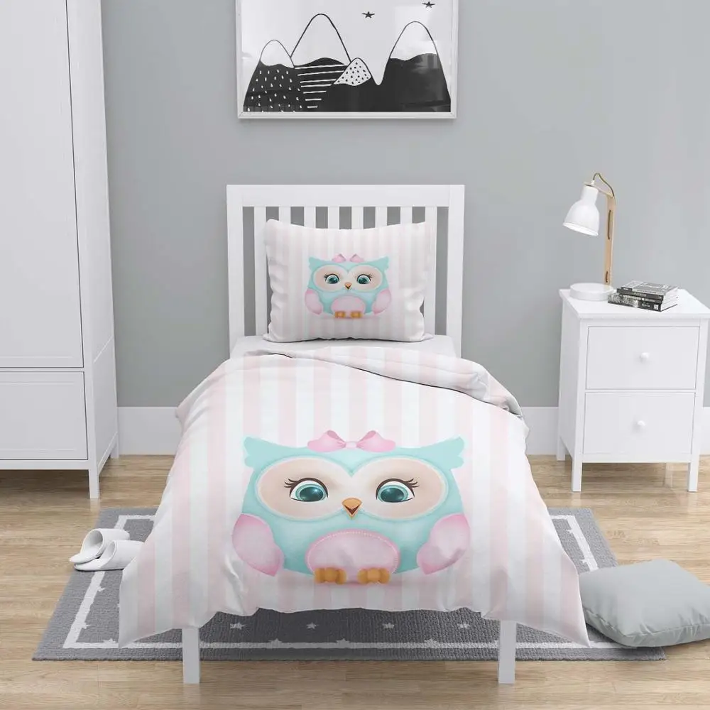 Anders 4 Stuks Roze Lijnen Leuke Blauwe Uil Dier 3D Print Katoen Satijn Chidren Kids Dekbedovertrek Beddengoed Set Kussen case Laken Anders 4 Stuks Roze Lijnen Leuke Blauwe Uil Dier 3D Print Katoen Satijn Chidren Kids Dekbedovertrek Beddengoed Set Kussen case Laken