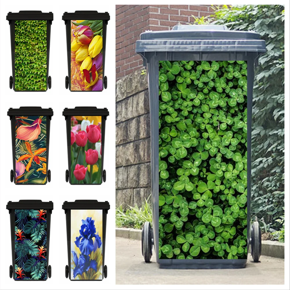 Outdoor Trash Sticker Vinyl Natural Green Plants Bouquet Self-adhesive Trush Kitchen Wheelie Bin Stickers Garbage Cans Stickers