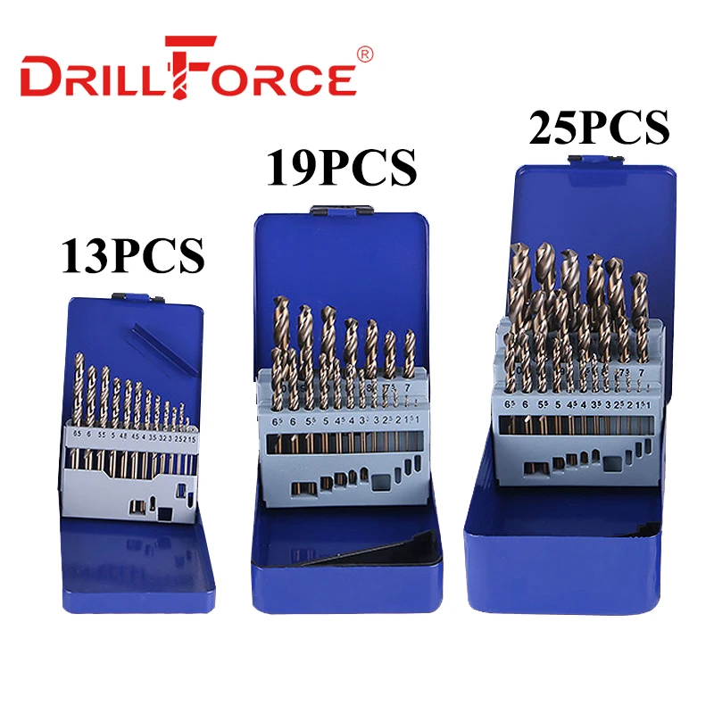 DRILLFORCE 13/19/25 шт. HSS M35 кобальтовое Сверло по металлу Нержавеющая сталь Сверление дерева Набор насадок для девочек от 1 года до 13 мм Мощность инструменты аксессуары - Цвет: 25PCS(1-13mm)