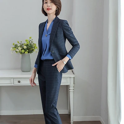 Blue Pant Suits Клетчатый брючный костюм для женщин, Офисная Женская рабочая одежда размера плюс, комплект из 2 предметов, Блейзер, куртка с брюками, для интервью, для хоста, деловой Рабочий костюм - Цвет: Blue Pant Suits