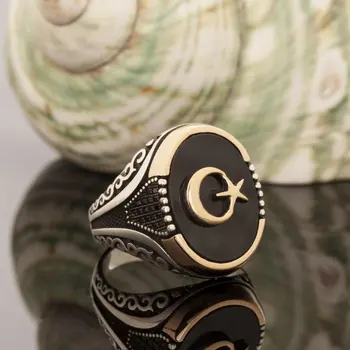 

925 Sterling Moon Star Silver Ring on Black Onyx Fashion Turkish Premium Quality Handmade Jawelery