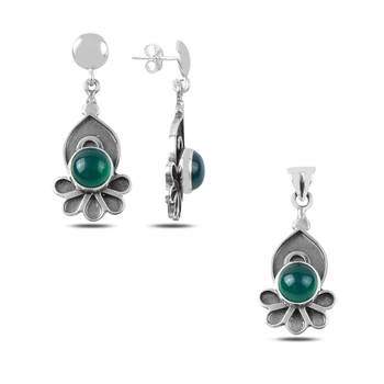 

Kutaydan Green Agate Stone Handwork 925 Sterling Silver Set Made in Turkey
