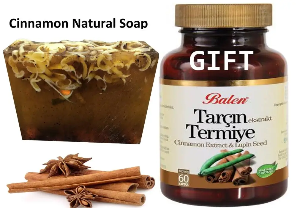

Anti Acne Cinnamon Natural Handmade Soaps 100 gr+ Gift Cinnamon Extract & Lupin Seed 60 Capsule Beauty Care skin Vitaminized