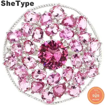 

27x27mm SheType 5.3g Pink Tourmaline Gift For Woman's 925 Solid Sterling Silver Rings