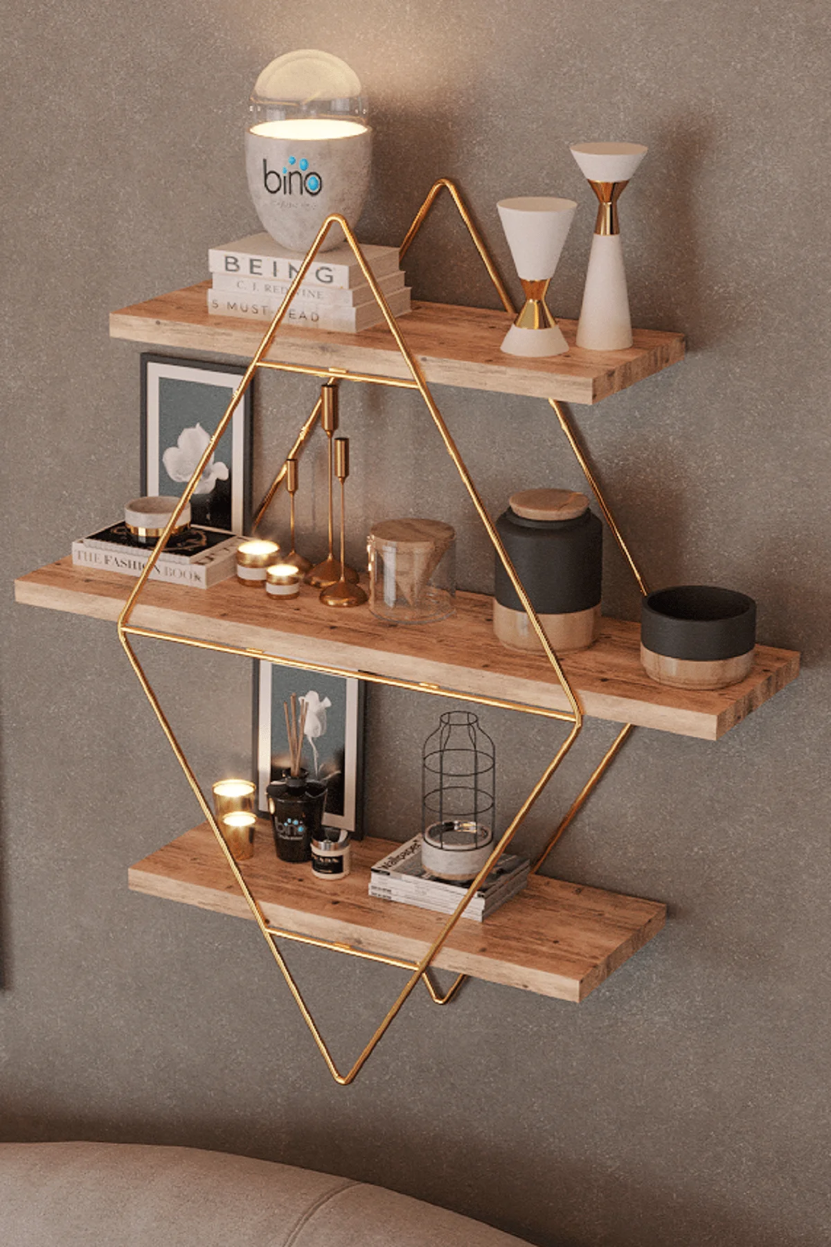 

Prism Solid Wall 3 Shelf Kitchen Bathroom Bookcase Large Size Premium Natural Wood Gold and Black Color Metal Modern Decorative