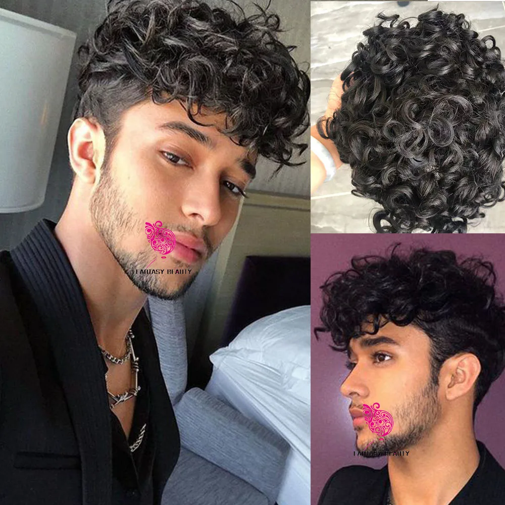 

20MM Curly Mens Toupee Remy Human Hair Wigs Durable Thin Skin PU Toupee Men Capillary Prosthesis Hair Unit Replacement System